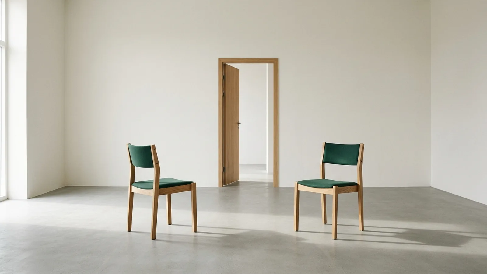 Illustration: ein heller, leerer Besprechungsraum, zwei Holzstühle mit dunkelgrüner Sitzfläche stehen mit deutlichem Abstand zueinander, im Hintergrund eine halb geöffnete Tür