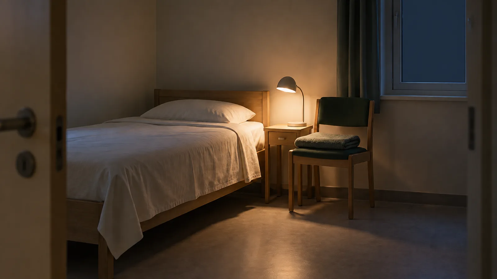 Illustration: ein nächtliches Patientenzimmer, vom Türrahmen aus gesehen, ein leeres, gemachtes Bett, daneben ein Holzstuhl mit gefalteter Decke im Licht einer Leselampe