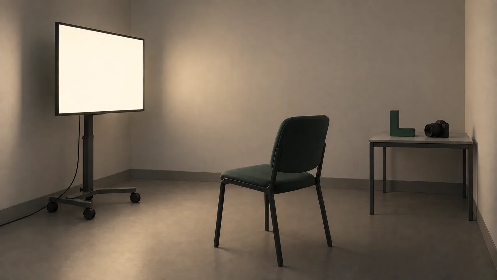 Illustration: ein leerer Untersuchungsraum am Abend, ein Bildschirm auf einem Rollstativ ist einem leeren Stuhl zugewandt, auf einem Beistelltisch liegen ein Winkelmaßstab und eine Kamera