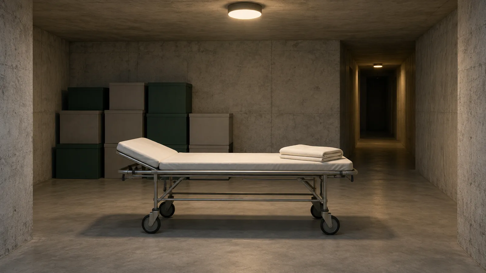 Illustration: eine saubere, leere Krankentrage mit gefalteter Decke in einem Kellerraum aus Beton, dahinter gestapelte Kartons und ein Gang ins Halbdunkel